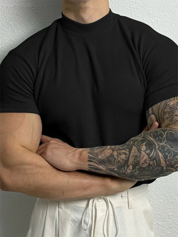 Men’s High Collar Stripe Fitness T-Shirt