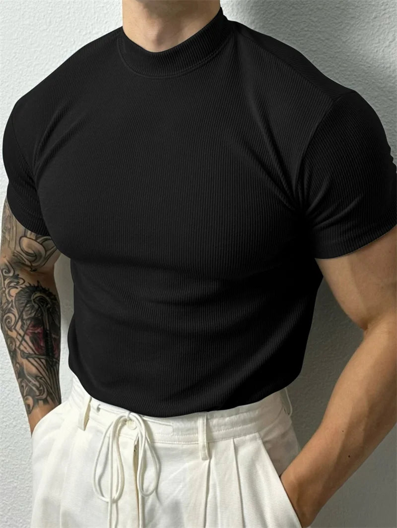 Men’s High Collar Stripe Fitness T-Shirt